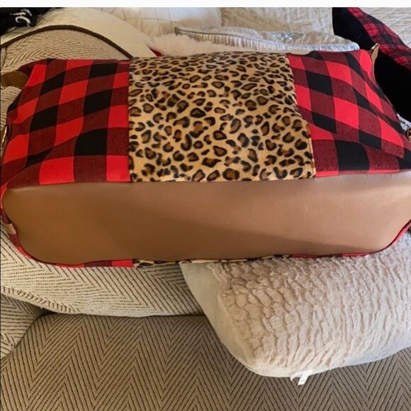 Leopard & Buffalo Plaid Duffel Bag With Brown Handles & Detachable Strap - Picture 7 of 14